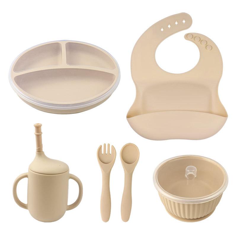 Children s silicone bowl food grade baby food supplement bowl baby learn to eat anti-drop suction cup type covered bowl fork and spoon set