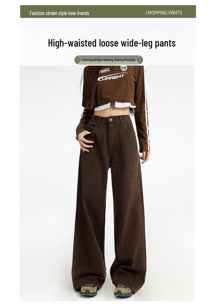 Meilade Damskie Jeansy Plus Size z Wysokim Stanem w Kolorze Brązowym z Szerokimi Nogawkami - Luźne, Proste, Długie Spodnie na Wiosnę i Jesień
