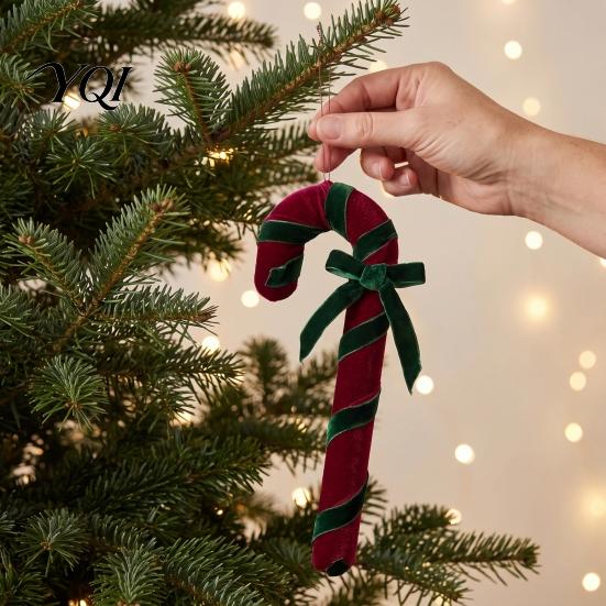 Reusable Holiday Party Pendant Velvet Christmas Candy Cane Ornament, Fabric Decoration with Retro Ornaments Bow, Xmas Tree Hanging Decor for Pendants