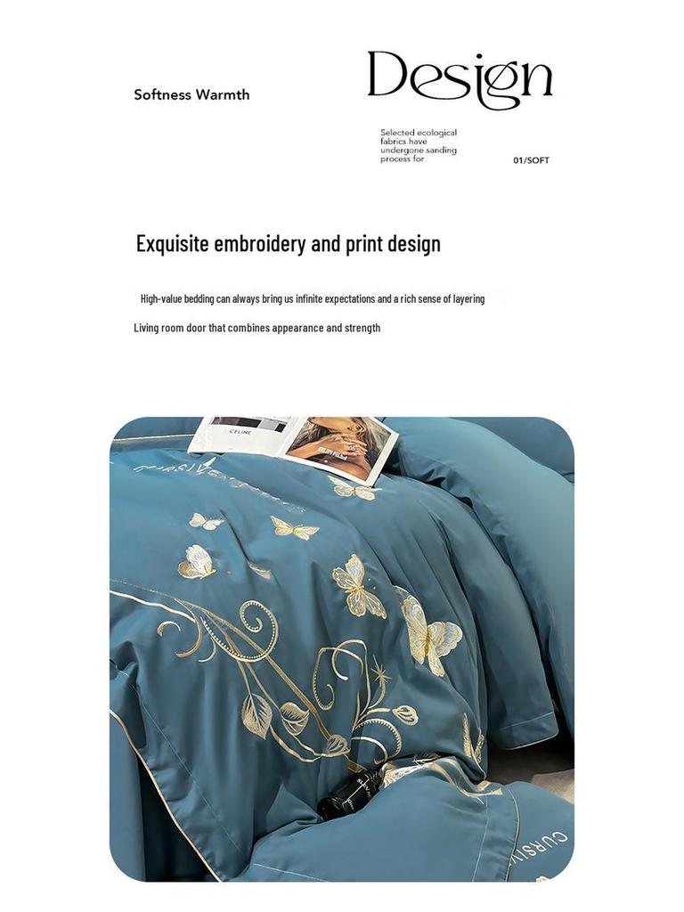 Luxurious Winter Cotton Flannel Embroidered Bedding Set: Thick Four-Piece Duvet & Sheet