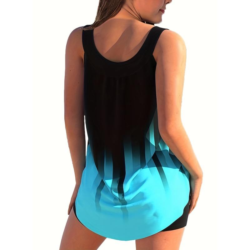 Costume da bagno due pezzi Tankini e Pantaloncini con Stampa Sfumata Nero e Blu da Donna