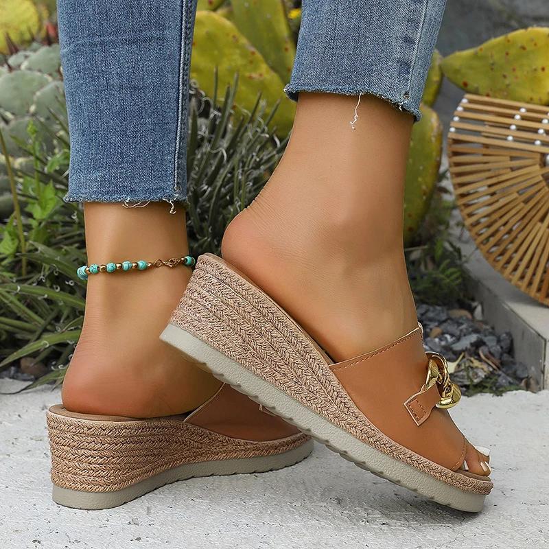 Fashion Fashion Chain Decor Wedge Sandals for Women Summer Lightweight Platform Slippers Woman Plus Size 43 Comfort Non Slip Beach Shoes