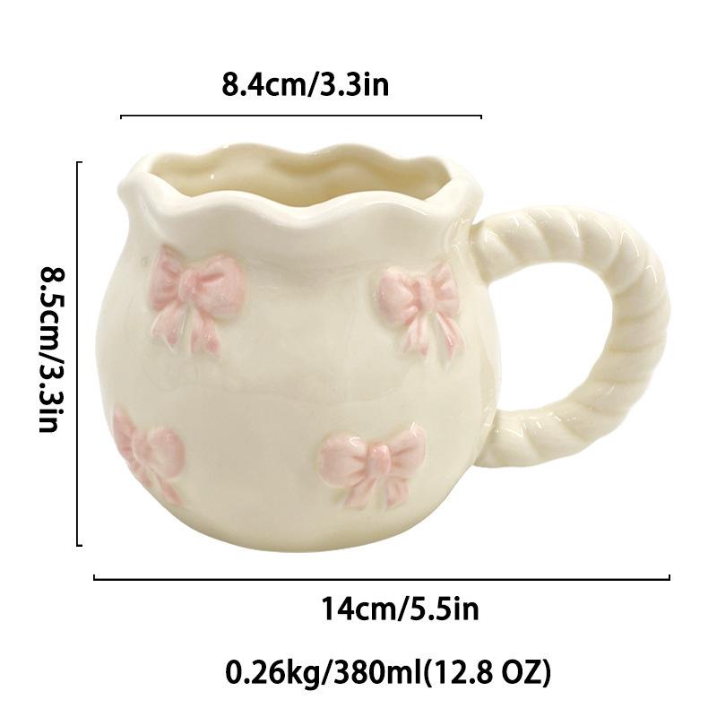 Korean Style Girl Delicate Bow Cherry Relief Mug Milk Coffee Afternoon Tea Party Chat Ins Cute Mood Mug Festival Birthday Gifts 380ML