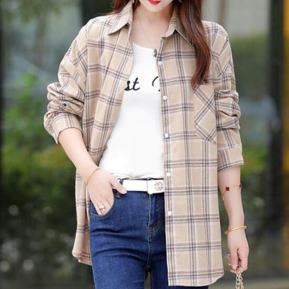 Navava Women Casual Loose Fit Check Long Sleeve Shirt Nb3002