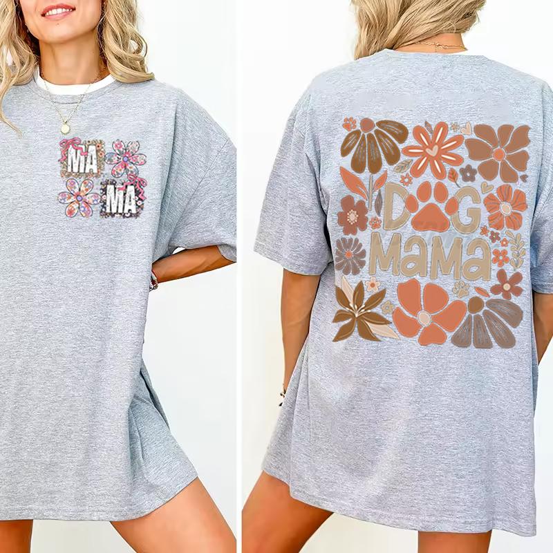 Dog Mama Fashion Casual T-shirts Funny Gift for Dog Owner Short Sleeve Tee Floral Boho Vintage T-Shirt Design Women's Clothing