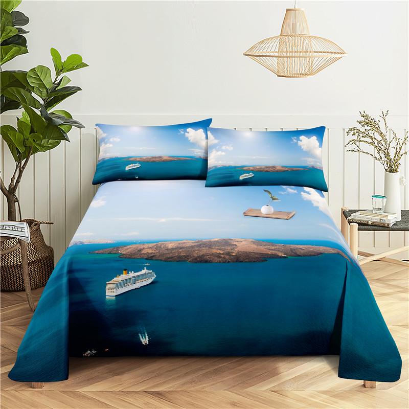 Seaside Scenery 0.9/1.2/1.5/1.8/2.0m Digital Printing Sturdy Polyester Bed Flat Sheet With Pillowcase Print Pattern Bed Ensemble