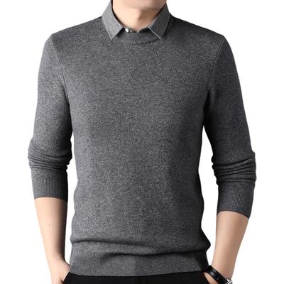 Men's Thick Faux Two-Piece 100% Wool Shirt Collar Pullover Sweater
