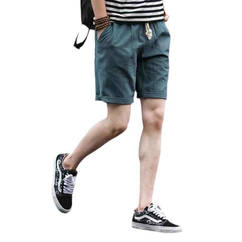Men's Korean Style Cotton Linen Beach Shorts - Casual Plus Size, Solid Color, Five-Point Design.