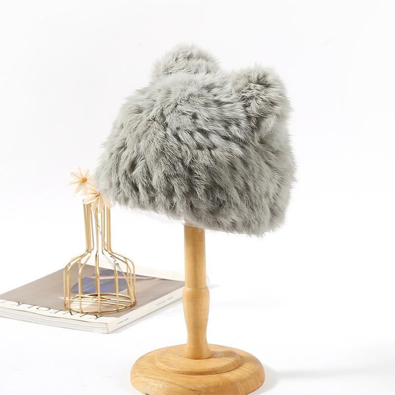 Cute cat ears real rabbit fur hat thickened thermal hat fashionable versatile fur straw hat women's autumn and winter versatile tide