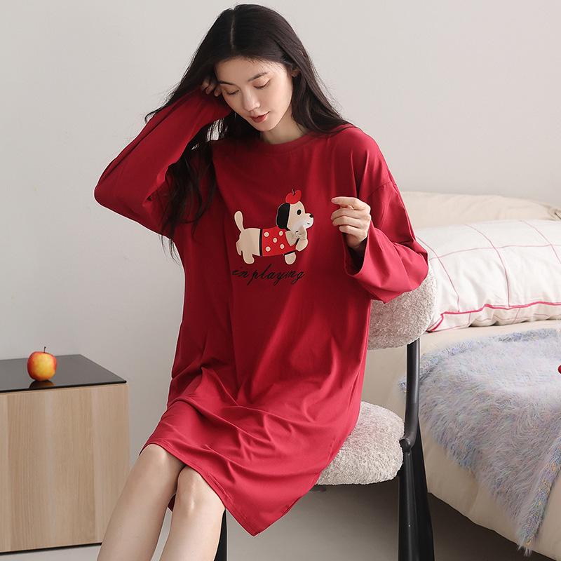 Damen Süßer Stil Langarm Mittellang Baumwoll-Nachthemd für Herbst