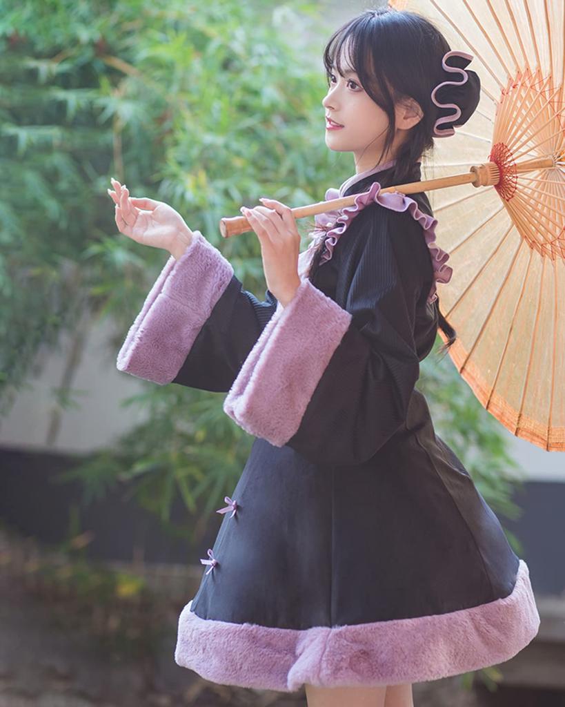 Milky Time Women's Medium Lolita Dress, Long Sleeves, Black and Purple Velvet, Winter Cosplay Costume