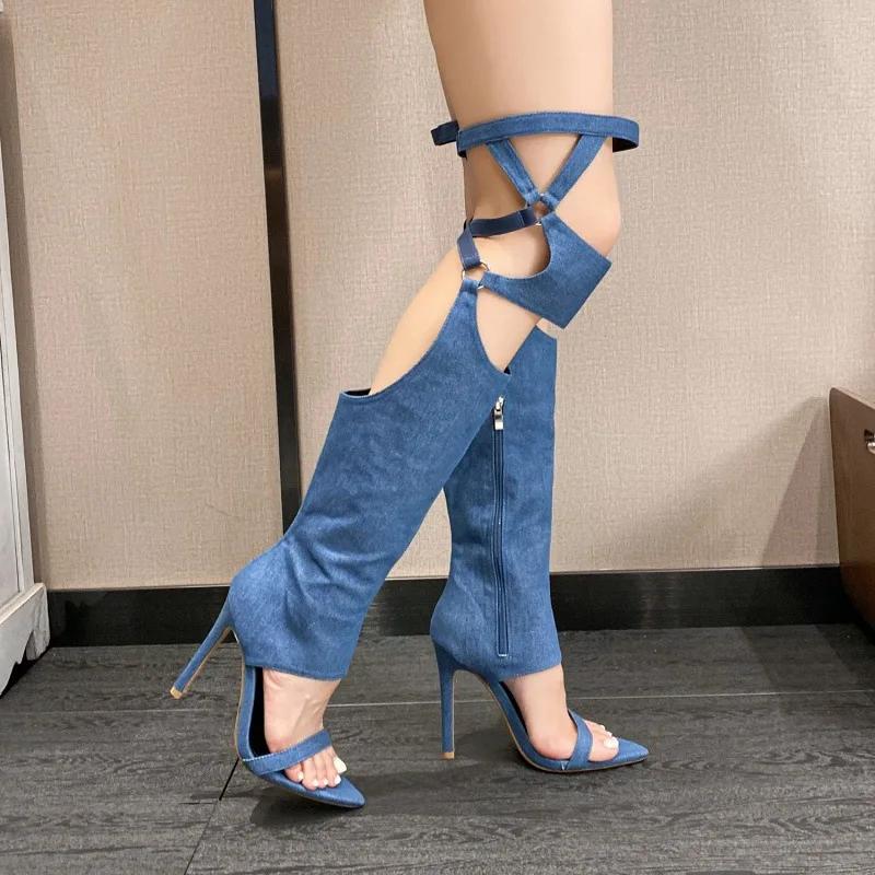 Fashion 2024 New Women's Shoes Sexy High Heel Cool Boots Denim Thin Heel Hollow Roman Sandals Large 42 Platform Sandals