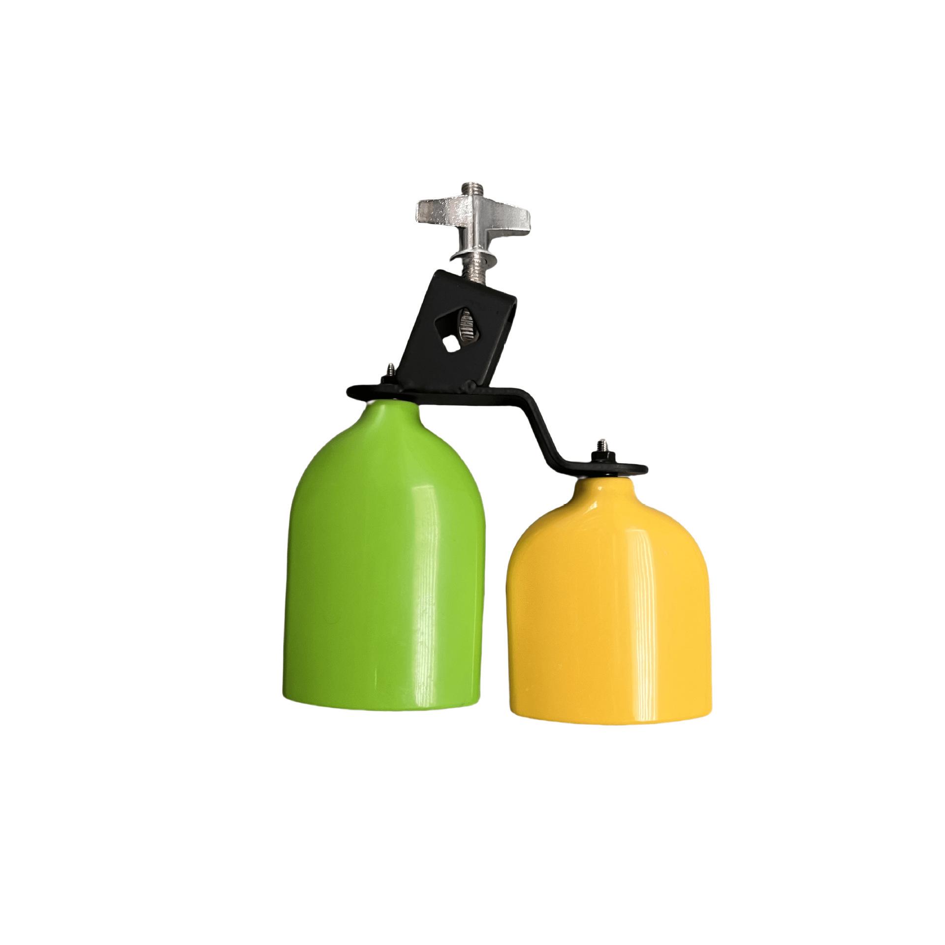 

Compact Percussion Set: Woodblock, Clapper, Two-Tone Double Cowbell for Alto, Tenor, Bass Sounds Large Red + Small Black