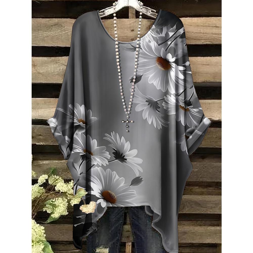 Women's Bohemian Flower Print T-Shirts Black Colorful Retro Full Body Graphic Y2k T-Shirts Summer Asymmetric Hemp&o- Neck Tops