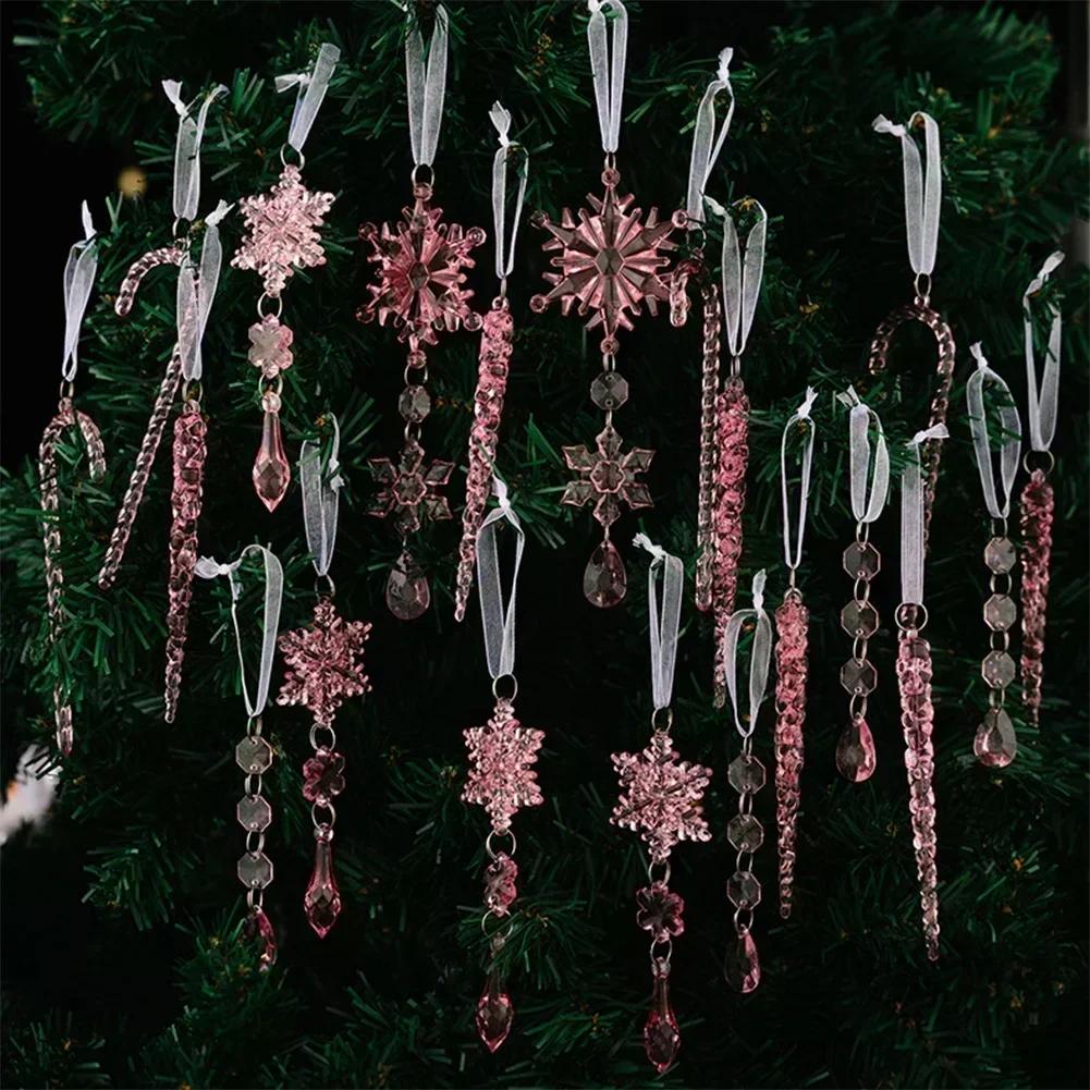 

Set of 20 Acrylic Christmas Ornaments Snowflakes Icicles Candy Canes with Various Sizes for Tree Garlands and Wreaths Decoration рожевий