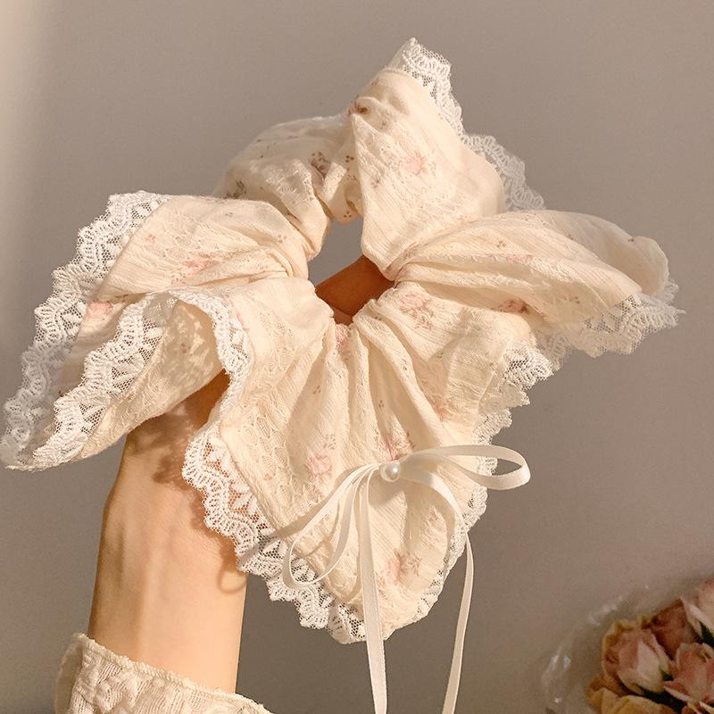 New Style, Fresh Pink Floral Print, Bow Tie, Lace Handkerchief, Headband, Women's, Korean Style, Large Headband, Versatile Hair Accessory