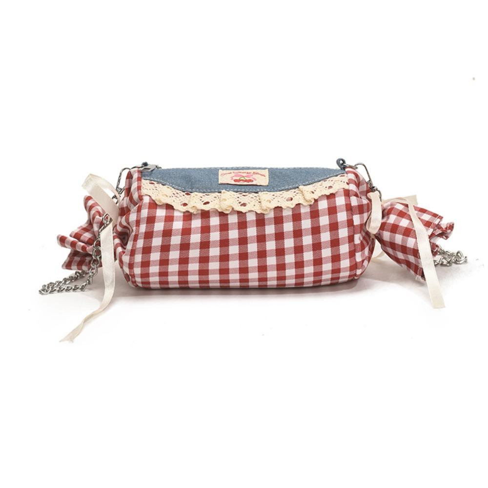 Cherry Red Plaid Crossbody Bag Canvas Denim Lace Shoulder Bag Literary Candy Shape Bag  Summer