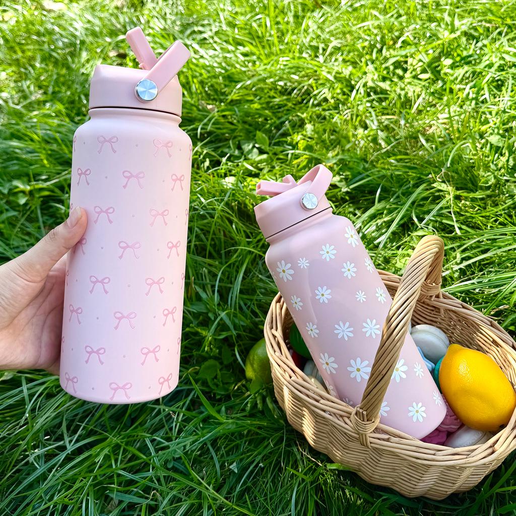1L/32oz Stainless Steel Sports Insulated Water Bottle Portable Handle Insulated Cup with St Printed Wide Mouth Travel Mug