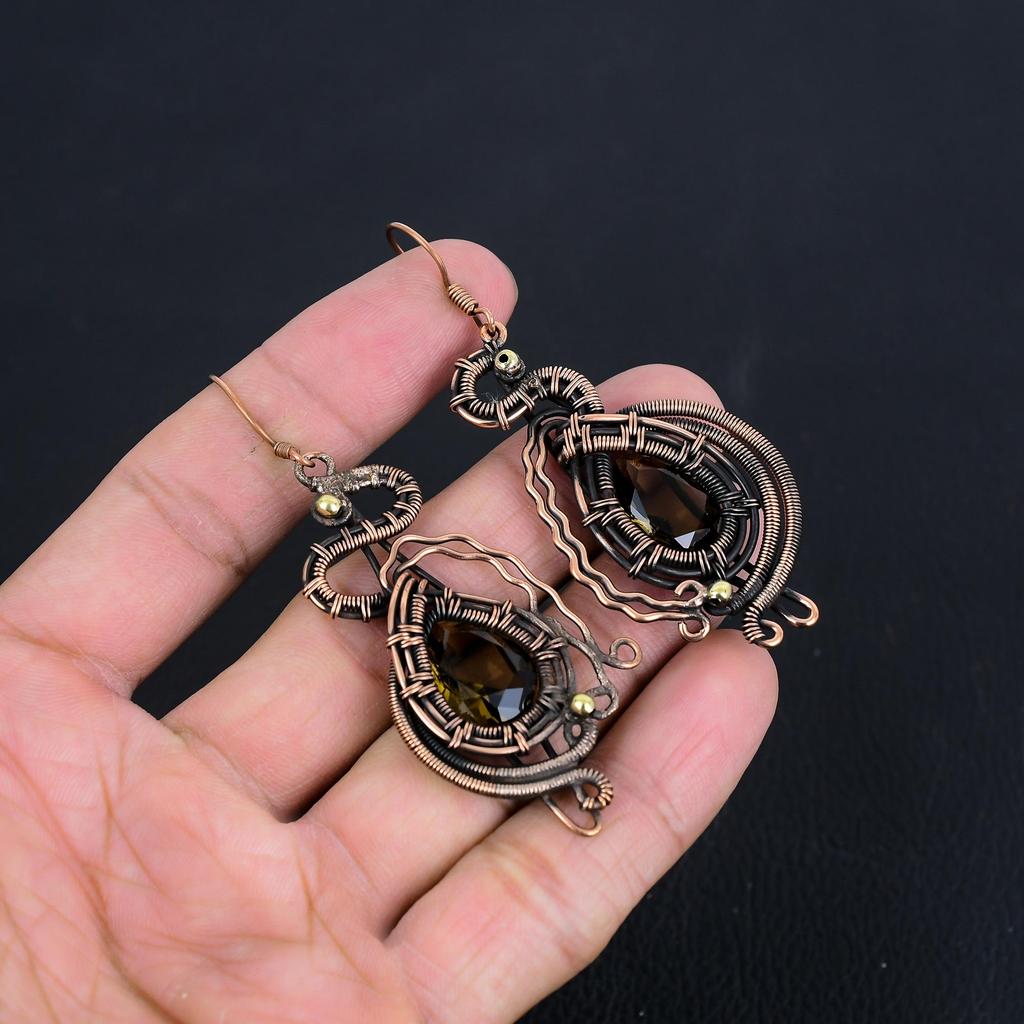 Smoky Topaz Earrings, 999 Copper Wire Wrapped Earrings, Handmade Gemstone Jewelry Earrings For Memorial Day