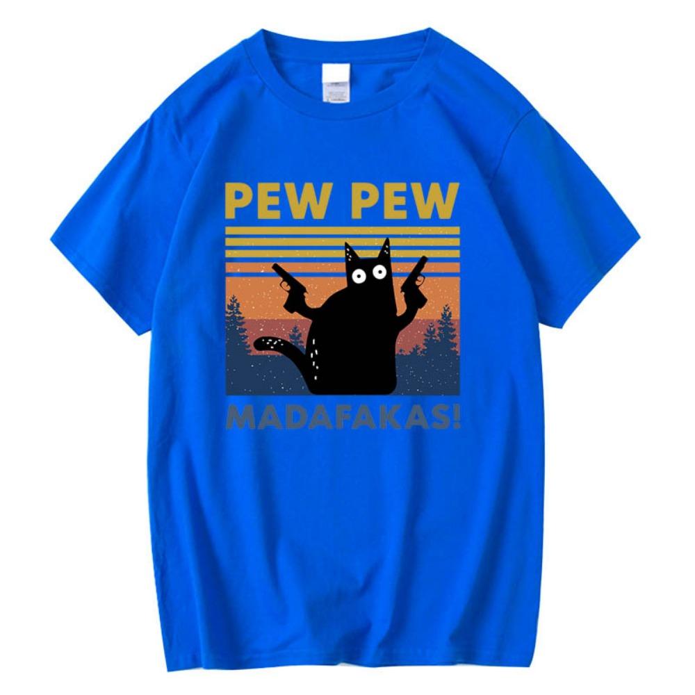 Pew Pew Madafakas Tshirt Men Short Sleeve Novelty Funny Cat T Shirt Loose Tops Shirts Tee T-Shirt Crew Neck Streetwear