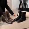 Washed Cowhide~ Leather Square Head Retro Thin Boots Short Boots Women's Thick Heel Small Ankle Boots British Style Martin Boots Single Boots
