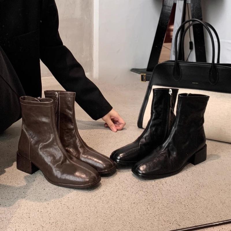 Washed Cowhide~ Leather Square Head Retro Thin Boots Short Boots Women's Thick Heel Small Ankle Boots British Style Martin Boots Single Boots