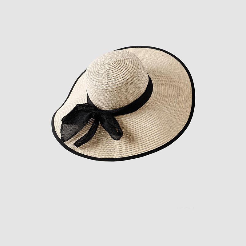 Women's Wide Brim Straw Hat With Bow Beach Sun Hat Uv Protection Korean Style