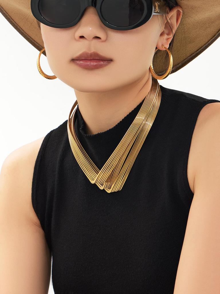 European & American 7-Layer V-Shape Choker Necklace, Punk Style Fashion, 18K Gold-Plated Stainless Steel.