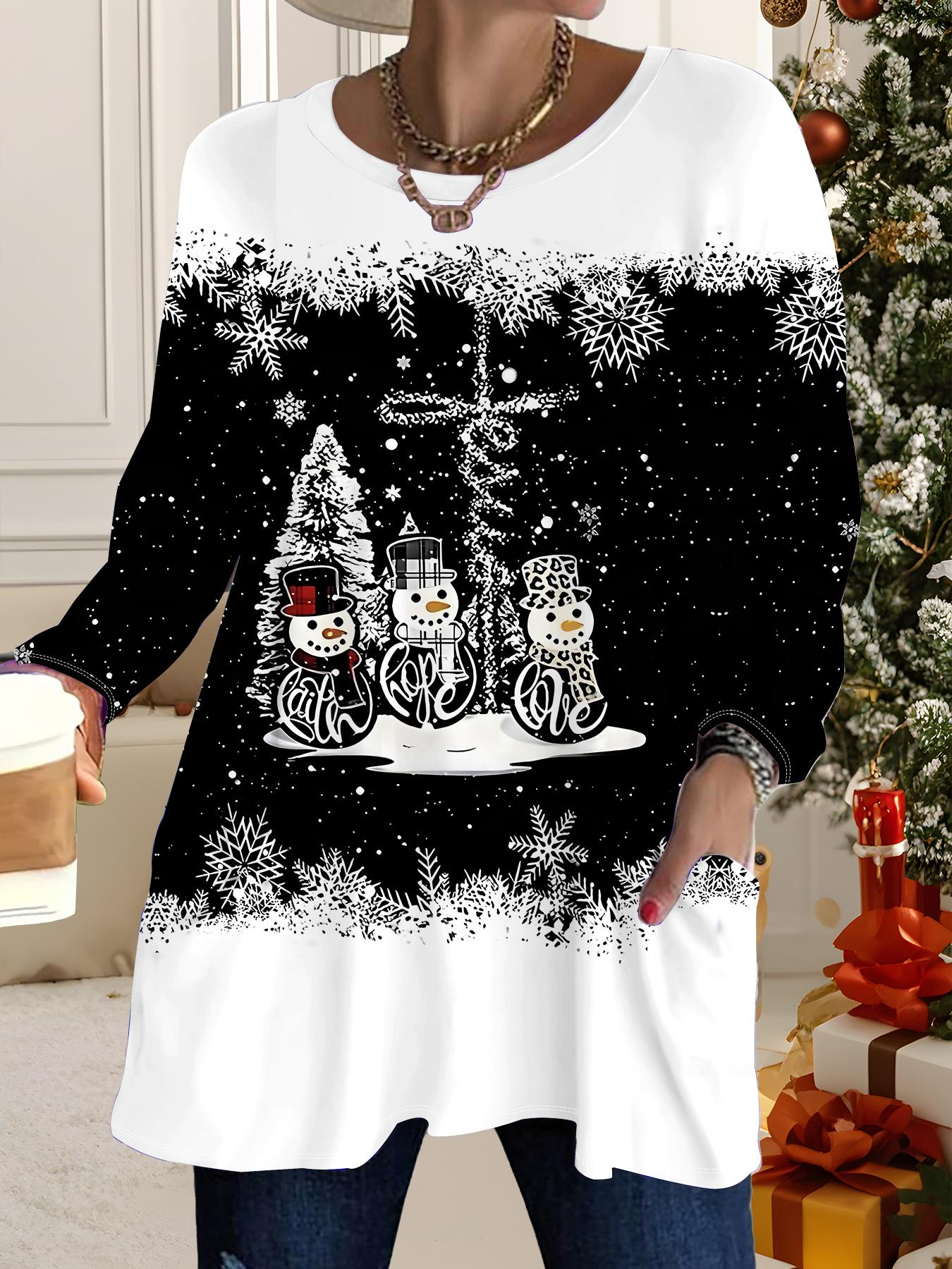 

Осень-Зима 2025 Новые Женские Топы Большого Размера, Модные Футболки с 3D-принтом на Рождество, с Круглым Вырезом и Длинным Рукавом 1XL белый