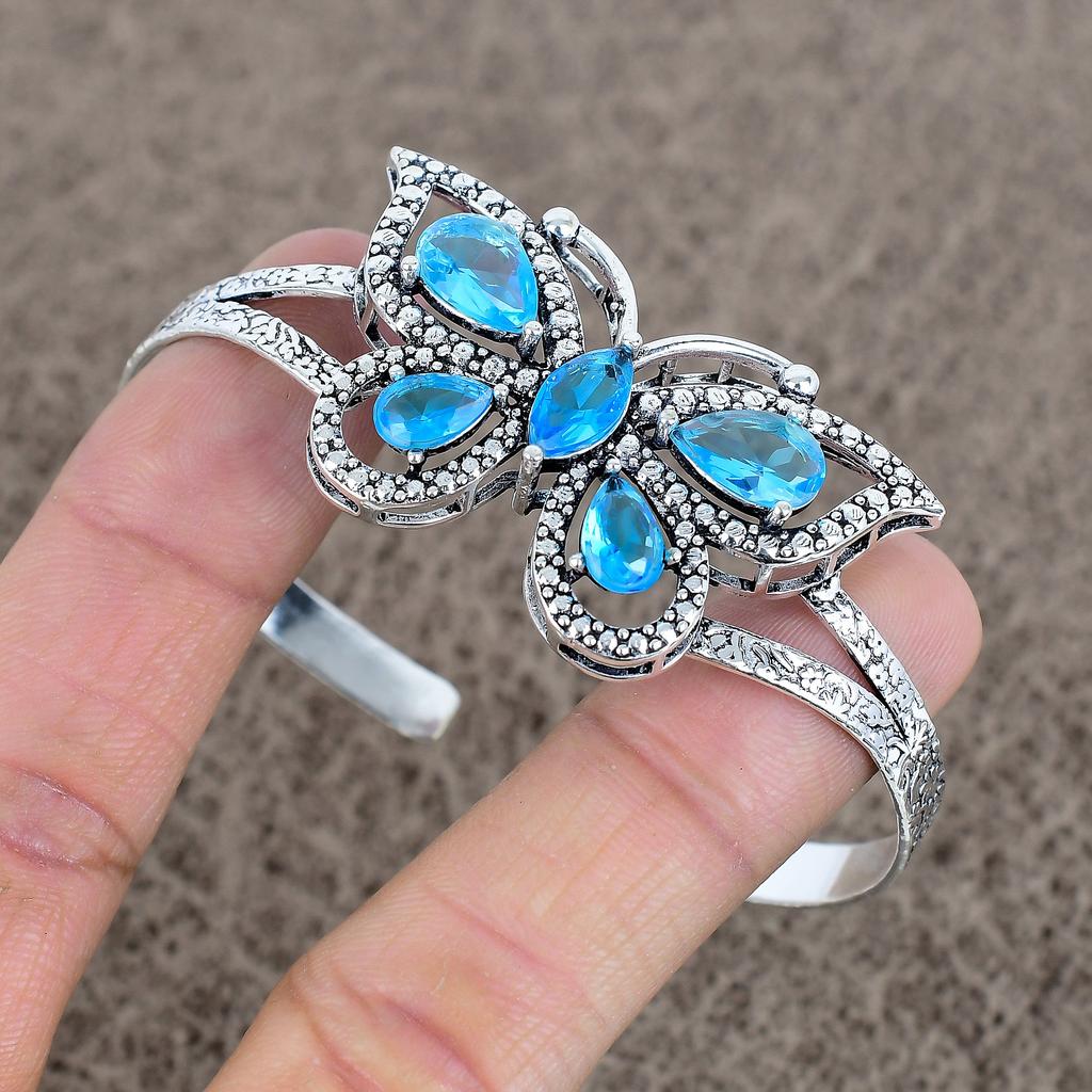 Blue Topaz Gemstone Handmade 925 Sterling Silver Cuff Bangle Adjustable KKG-110