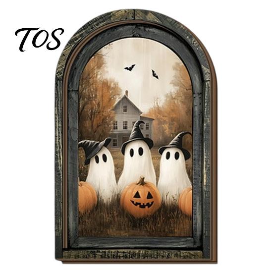 Solid Wood Picture Frame Halloween Vintage Arch Wooden Sign, Gothic Spooky Ghost Wall Hanging Decor Dark Academia with Bracket, Rustic Aesthetic Home