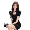 French Hepburn Style Black Square Neck Bubble Sleeve Dress Women's Summer Niche Design Feeling Waist and Thin Hip Skirt