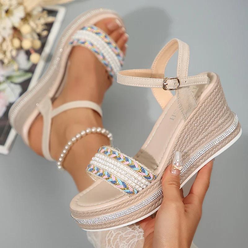 Fashion Fashion Pearl Striped Wedge Sandals for Women Summer Comfort Thick Sole Beach Shoes Woman Ankle Strap Chunky Platform Sandalias