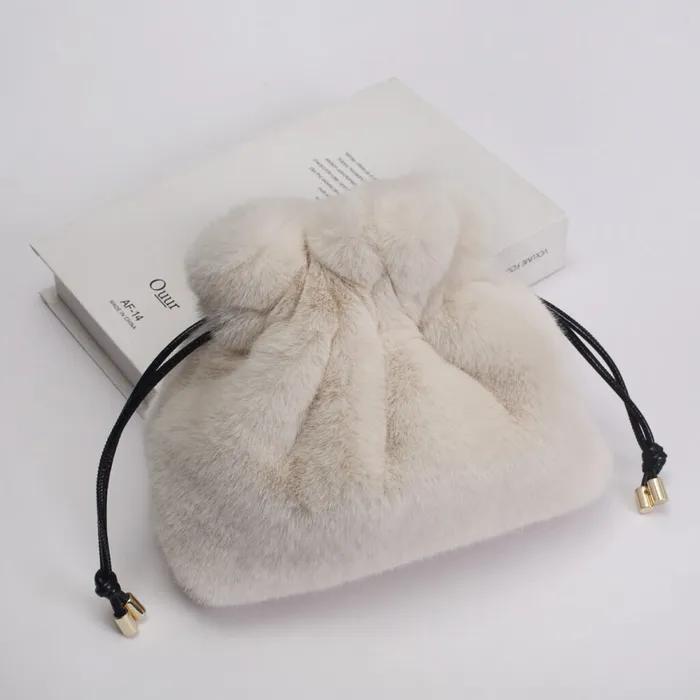 Lara Fur Drawstring Bag - Ivory (Free Gift: Lara Canvas Bag + Wool Gloves)