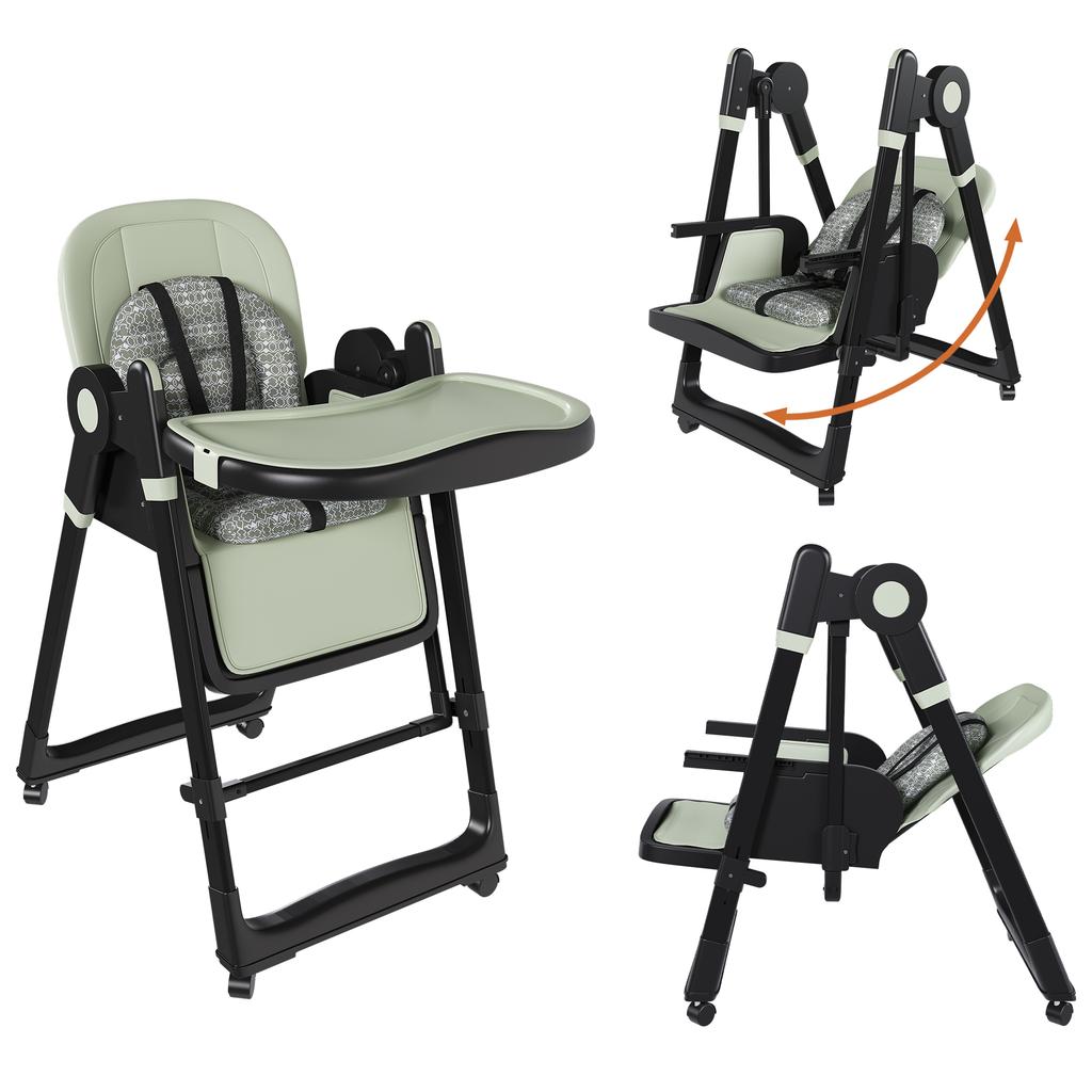 Chaise Haute Bébé 2-en-1 avec Fonction à Bascule, Harnais de Sécurité 5 Points, Roues Blocables, Plateau Amovible, Pliable et Réglable en Hauteur, Vert Foncé