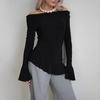 2025 Autumn Off-Shoulder Ruffle Long Sleeve Slim Fit T-Shirt
