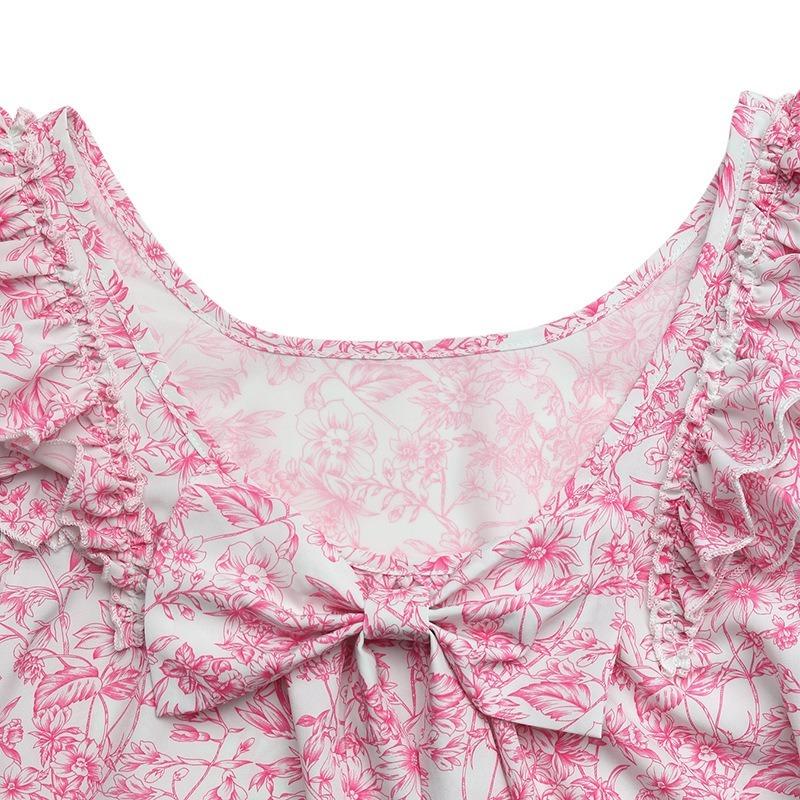 Women Fresh Pastoral Floral Print Back Bow Square Neck Ruffled Short Sleeve Blouse