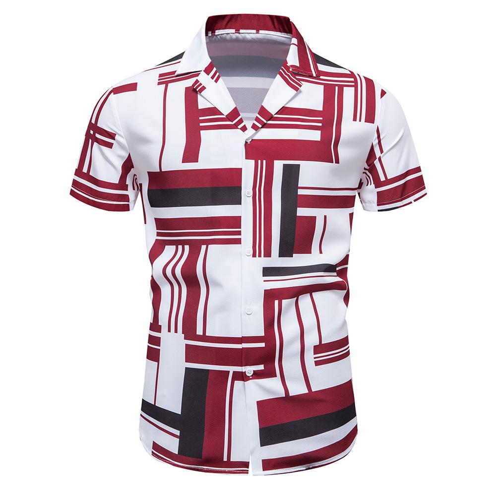Summer New Men's Casual Short-sleeved Shirt Contrasting Print Hawaiian Style Lapel Top Short-sleeved