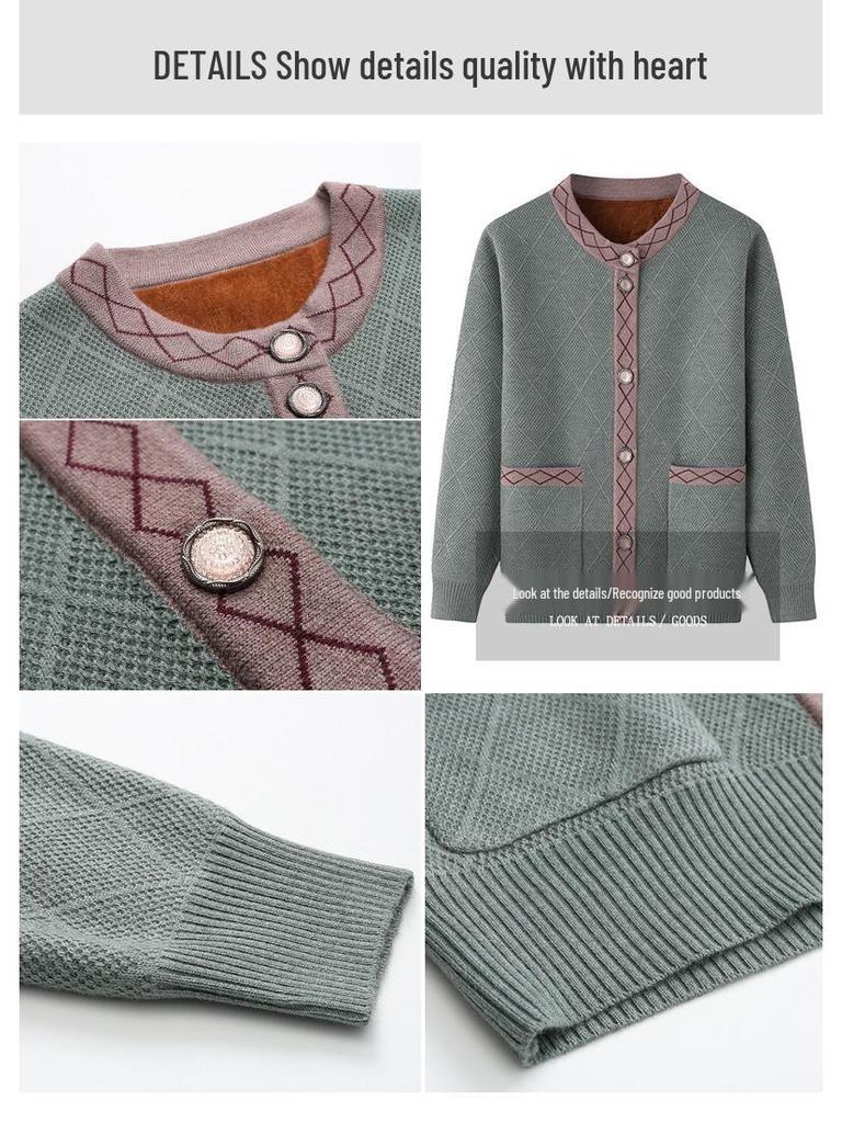 Women's Fleece-Lined Knitted Cardigan for Autumn/Winter - Ideal for Middle-Aged and Elderly.