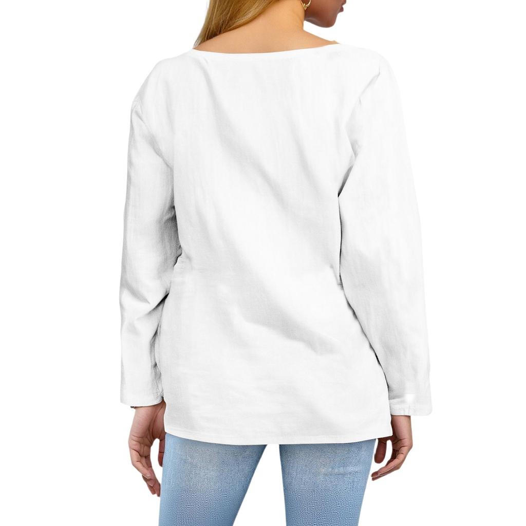Women's Loose Cotton And Linen Retro Printed Round Neck Long Sleeved Fashionable Top