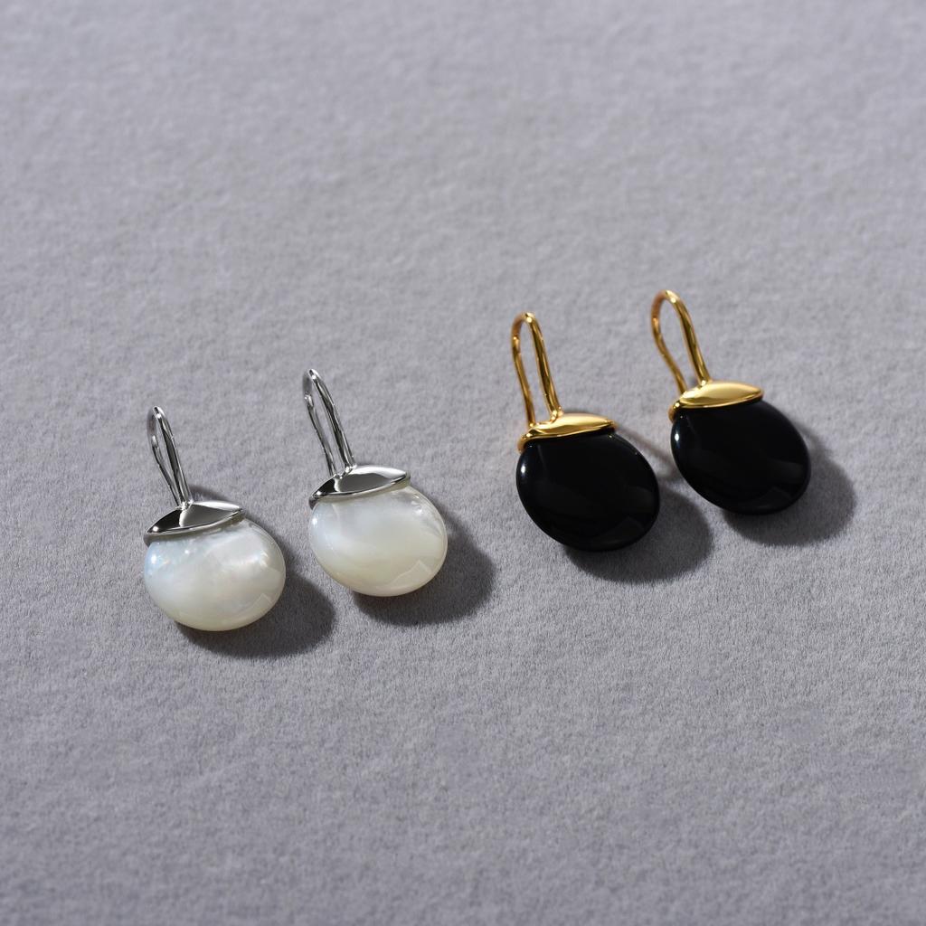 Niche Personality Unique Simple Fashion Brass Plated 18K Real Gold Inlaid Black Agate White Fritillary Pendant Earrings Women