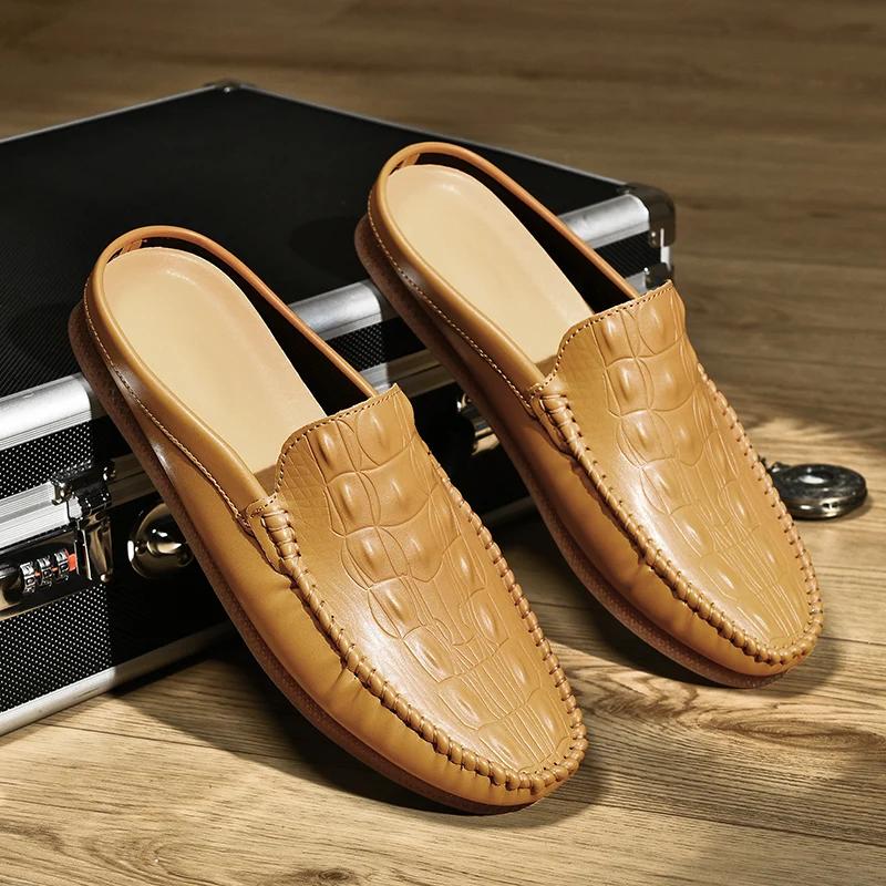 Fashion Half Shoes for Men Mules Luxury Designer Man Slides Slip on Flats Men Driving Shoes Leather Semi-Drag Loafers Slippers Hombres