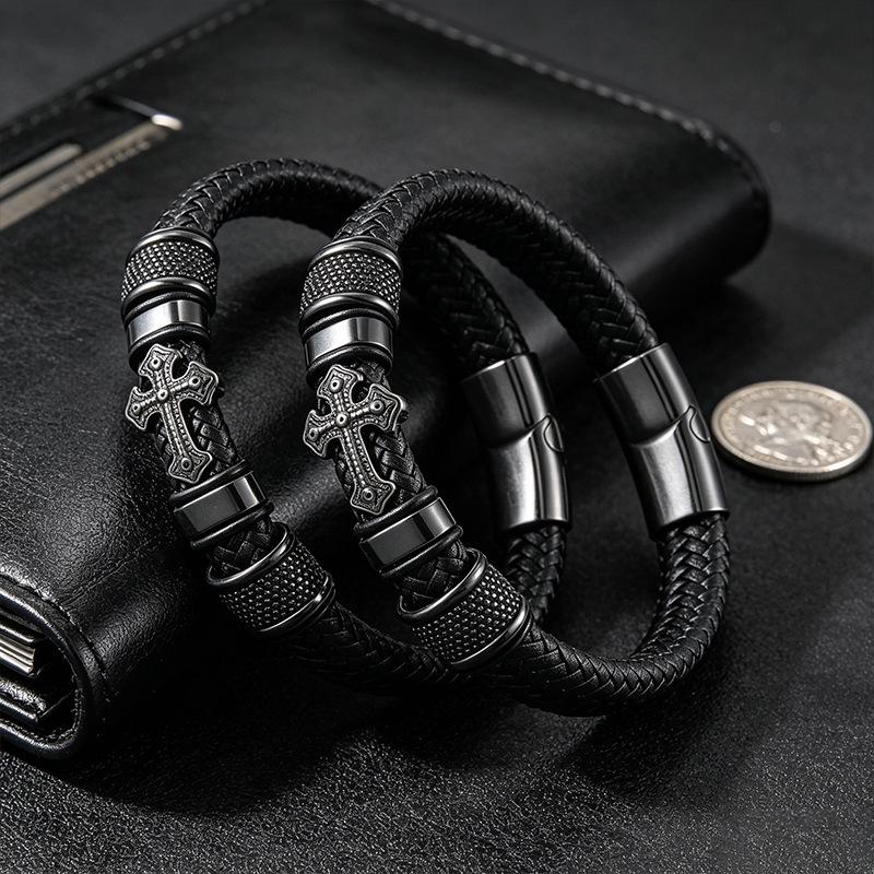 Retro Handgefertigtes Leder Kreuzarmband mit Gold-Silber-Beschichtung und Magnetschnalle