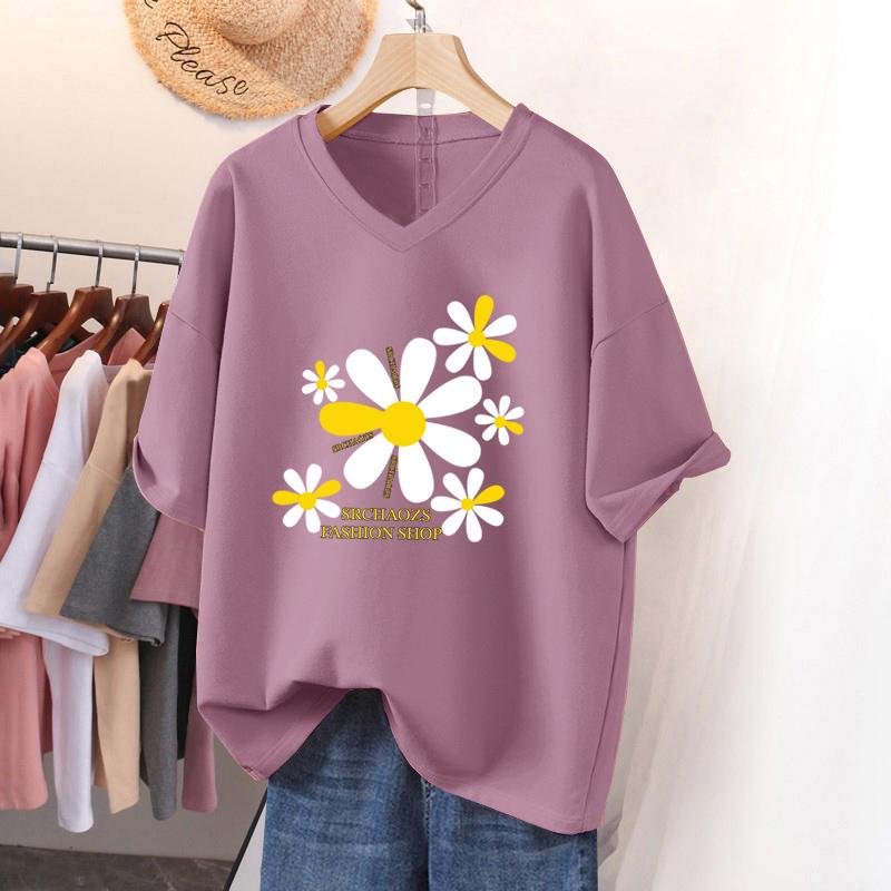 Short-sleeved T-shirt for Women, Large Size, Loose and Slimming, Printed V-neck Top