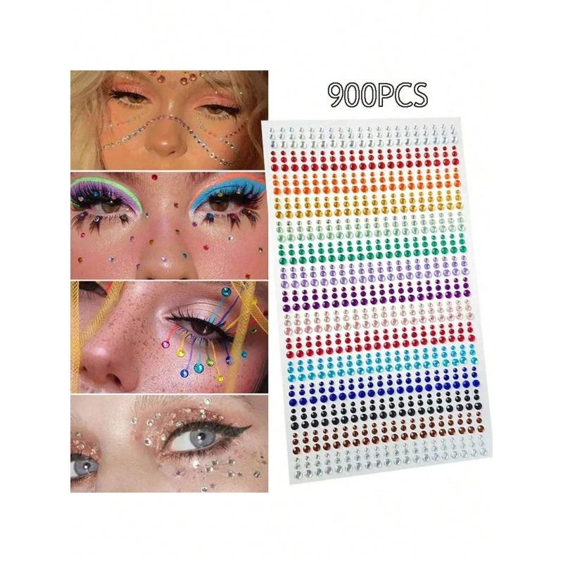 900pcs Colorful Rhinestones DIY, Rainbow Eye Stickers For Art Music Festival Stage Performance, Face Jewelry Makeup Accessories With Multiple Styles