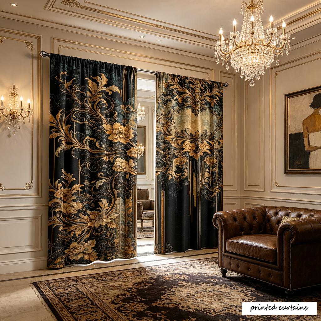 2 Piezas Cortinas Florales Vintage Barrocas Negras y Doradas Tratamiento de Ventana Estampado Floral Cortina Decorativa Amplia para Privacidad Y