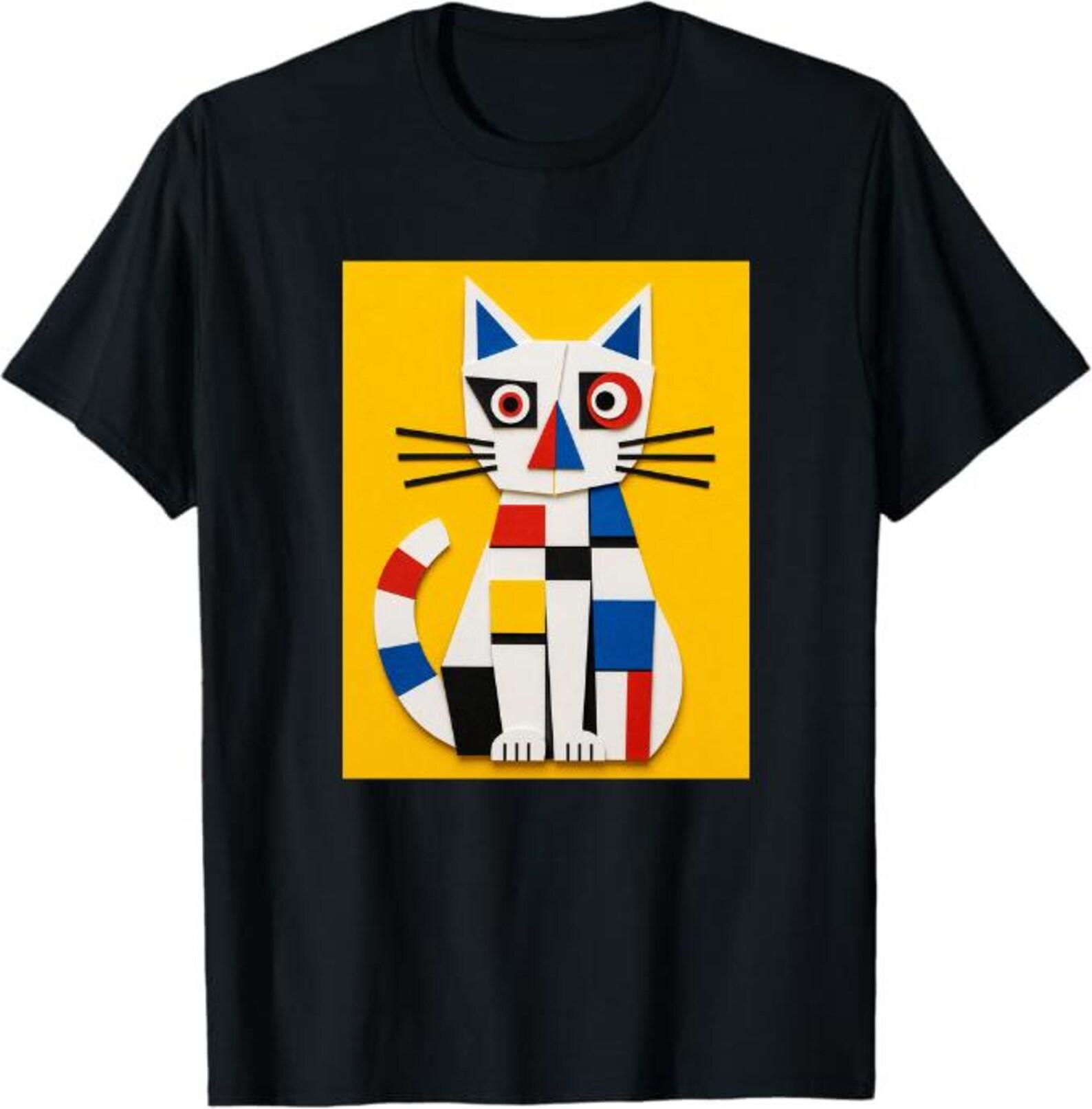 Colorful Geometric Cat Paper Art T-Shirt, Modern Abstract Cat Lover Gift, Mondrian Style Cat Graphic Tee M