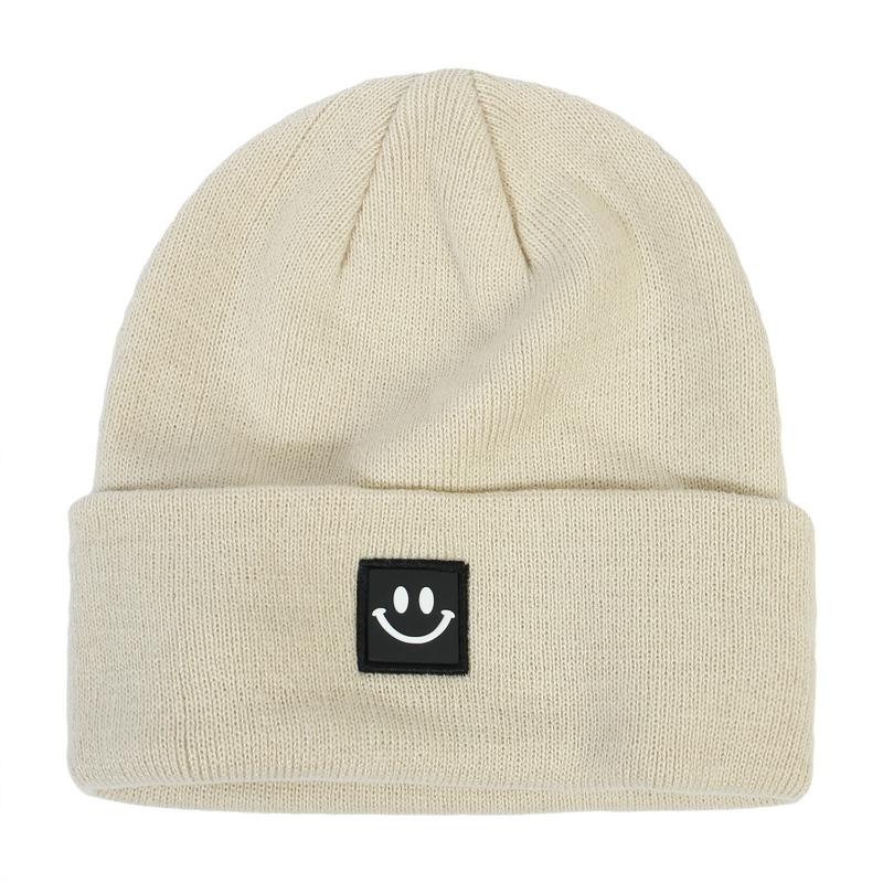 Smiling Face Label Hat Women's Solid Color Knitted Hat Outdoor Leisure Baita Warm Woolen Hat Men's Winter Hat