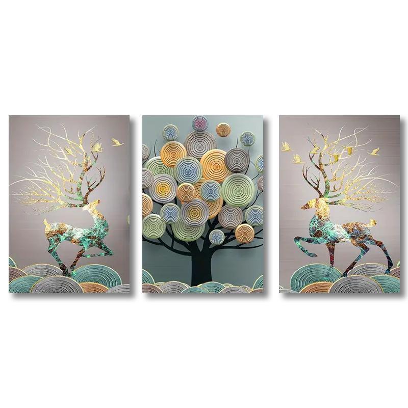3pcs Abstract Poster Chinese Feng Shui Golden Rich Tree Print Wall Art Canvas Painting Art for Living Room Cuadros Decoration