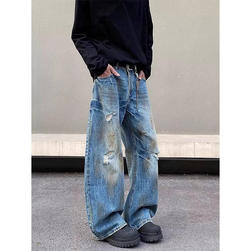 American retro wash embroidery dyed ripped jeans men's spring and autumn wide legs dirty pants trendy brand ruffian handsome straight scimitar pants